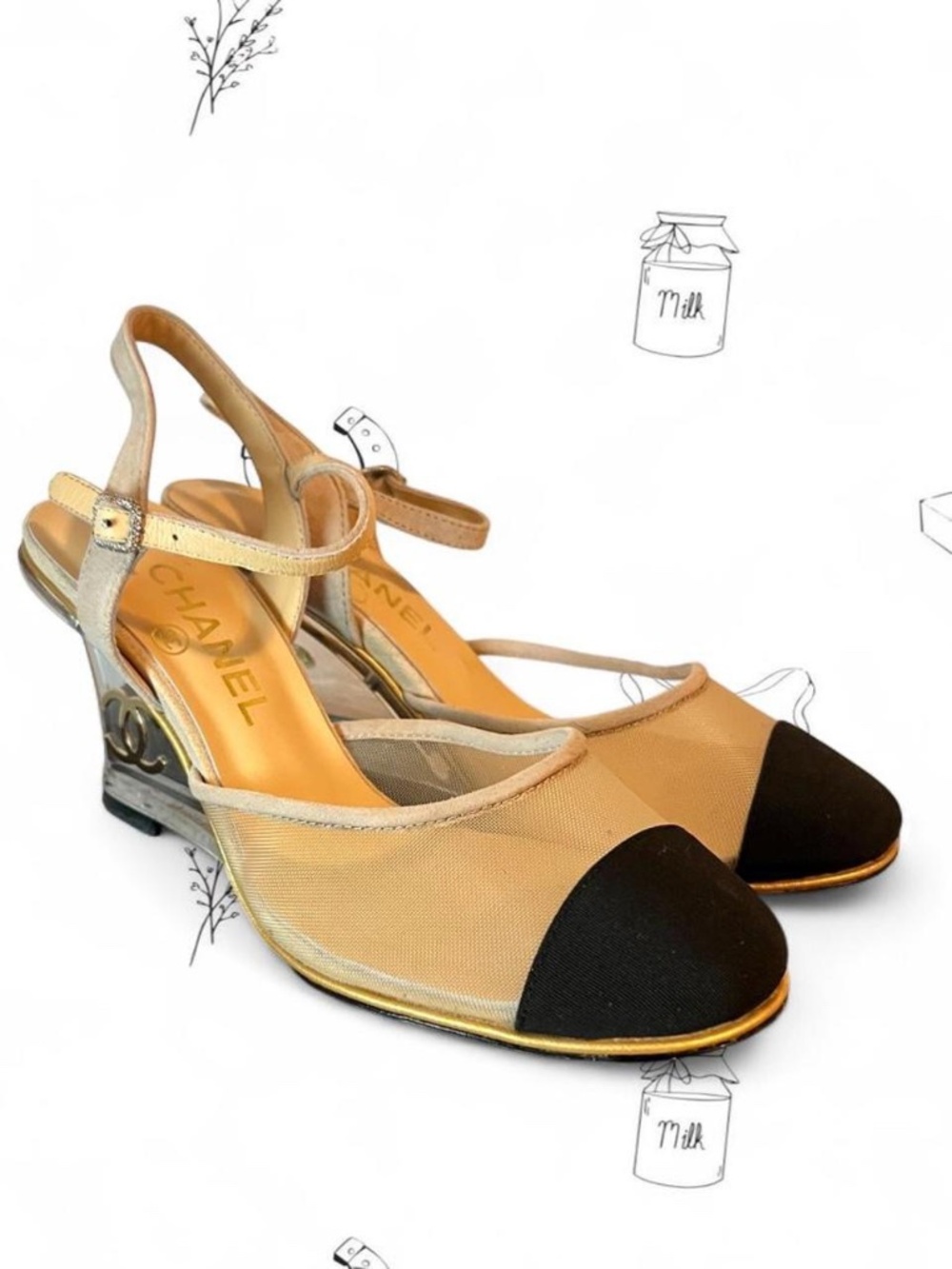 Chanel Beige Suede Clear Gold CC Mules Ankle Strap Sandal Wedge Heel Pump SZ